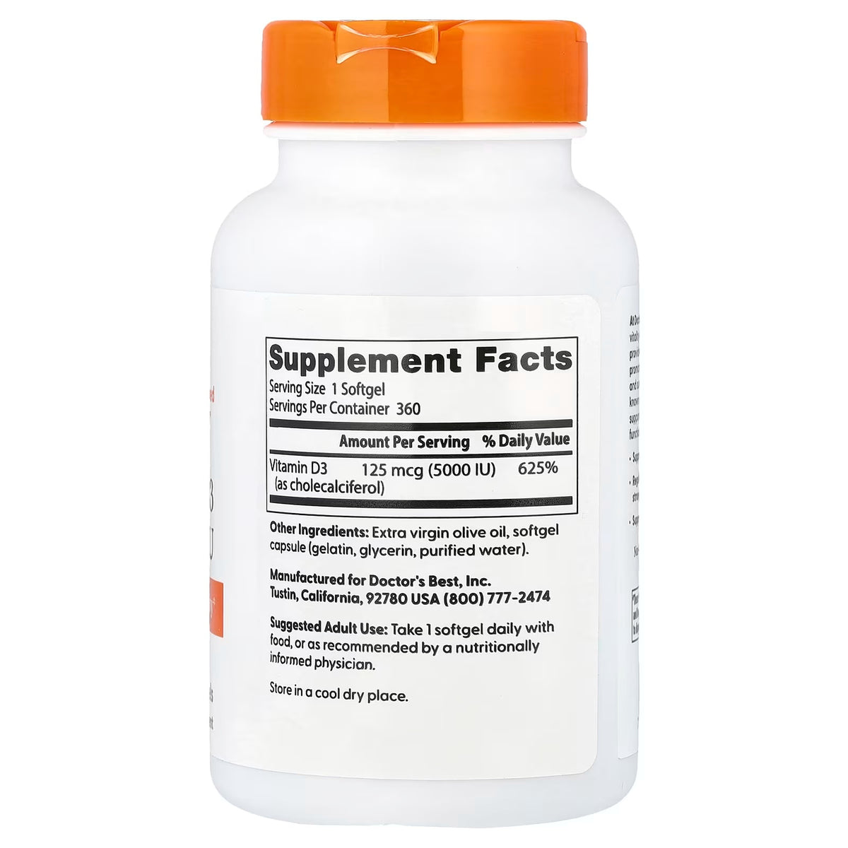 Doctor’s Best Vitamin D3 – 5,000 IU (125 mcg), 360 Softgels — product image 2