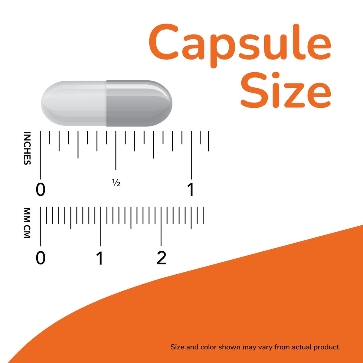 Illustrative NOW Foods capsule size chart with inch and centimeter scales