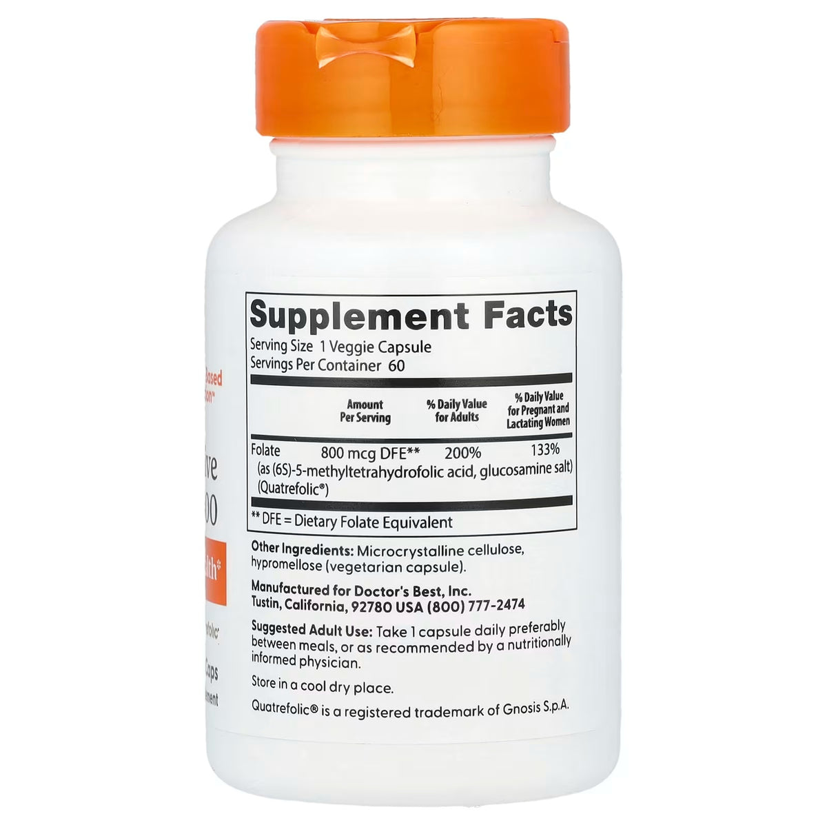 Doctor’s Best Fully Active Folate 800 with Quatrefolic – 800 mcg DFE, 60 Veggie Capsules — product image 2