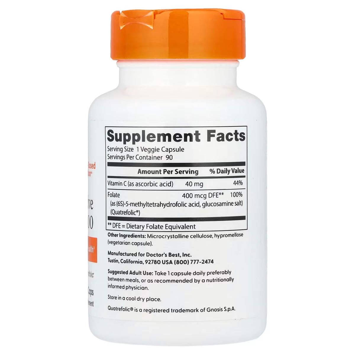 Doctor’s Best Fully Active Folate 400 with Quatrefolic – 400 mcg DFE, 90 Veggie Capsules — product image 2