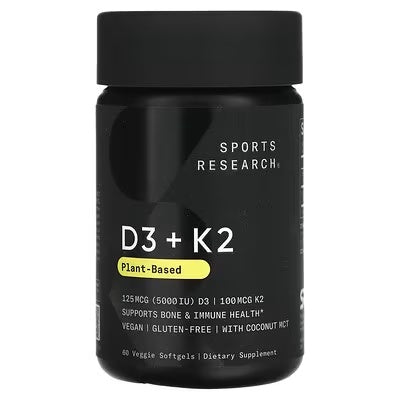 Sports Research D3 + K2 Plant-Based, 5,000 IU, 30, 60 & 120 Count