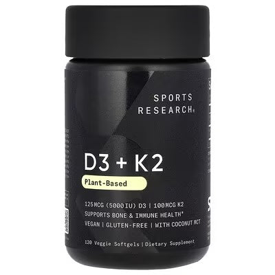Sports Research D3 + K2 Plant-Based, 5,000 IU, 30, 60 & 120 Count