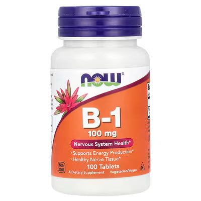 NOW B-1 Thiamine 100mg Nervous System Health Energy Production 100 Tablets bottle