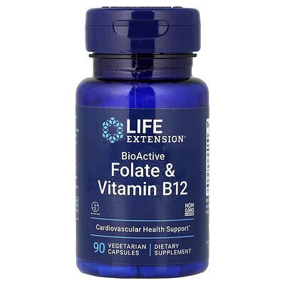 Life Extension BioActive Folate and Vitamin B12 Cardiovascular Health Support 90 Vegetarian Capsules