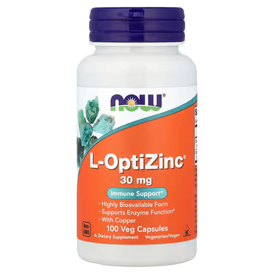 NOW L-OptiZinc 30mg Immune Support 100 Veg Capsules bottle