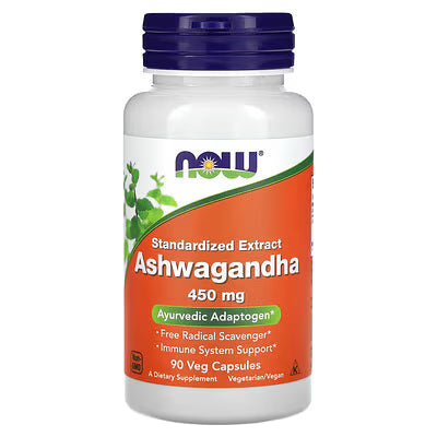 NOW Ashwagandha 450mg Standardized Extract Ayurvedic Adaptogen 90 Veg Capsules bottle