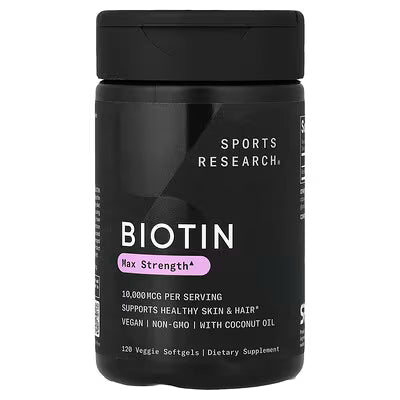 Sports Research Biotin Max Strength 10000mcg Supports Healthy Skin Hair Coconut Oil Vegan Non-GMO 120 Veggie Softgels