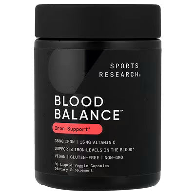 Sports Research Blood Balance Iron Support 36mg Iron 15mg Vitamin C Vegan Gluten-Free Non-GMO 90 Liquid Veggie Capsules