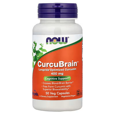 NOW CurcuBrain 400mg Longvida Optimized Curcumin Cognitive Support 50 Veg Capsules bottle