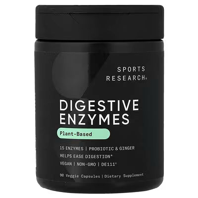 Sports Research Digestive Enzymes Plant-Based 15 Enzymes Probiotic Ginger DE111 Vegan 90 Veggie Capsules