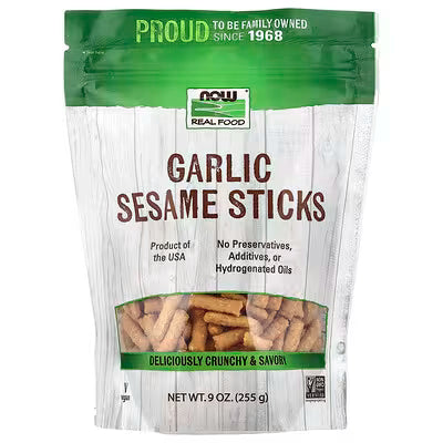 NOW Real Food Garlic Sesame Sticks Crunchy Savory Snack 9oz 255g