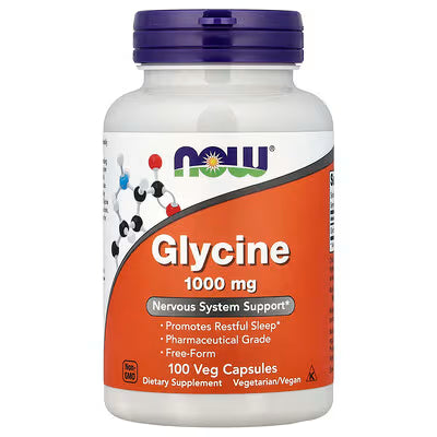 NOW Glycine 1000mg Nervous System Support Restful Sleep Pharmaceutical Grade 100 Veg Capsules bottle