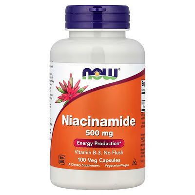 NOW Niacinamide 500mg Vitamin B-3 No Flush Energy Production 100 Veg Capsules bottle