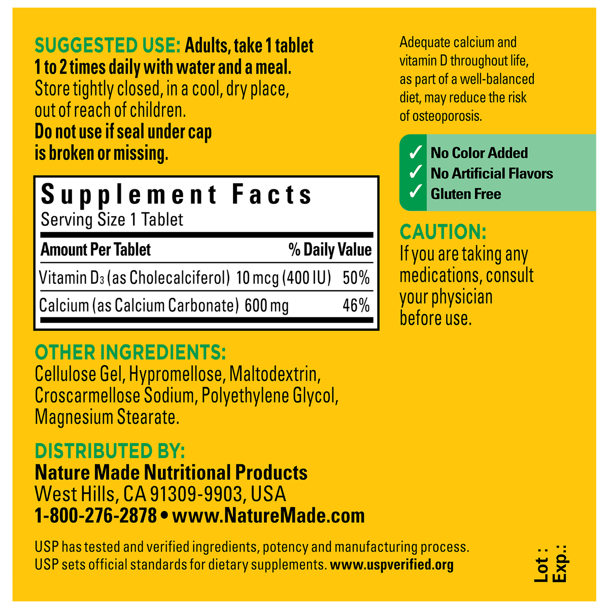 Nature Made Calcium 600 mg + D3 – 60 Tablets — supplement facts and ingredients