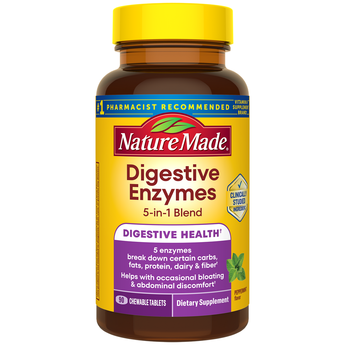 Nature Made 5-in-1 Digestive Enzymes – 90 Chewable Tablets — front package