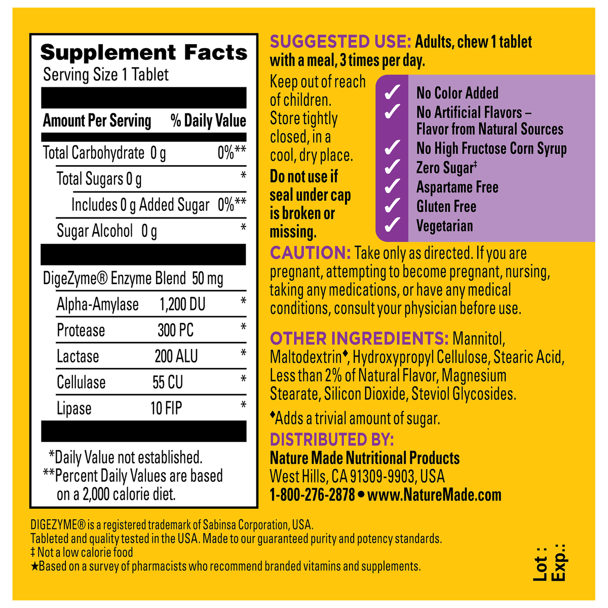Nature Made 5-in-1 Digestive Enzymes – 90 Chewable Tablets — supplement facts and ingredients