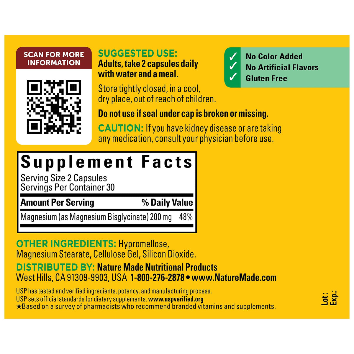 Nature Made Magnesium Glycinate 200 mg – 60 Capsules — supplement facts and ingredients