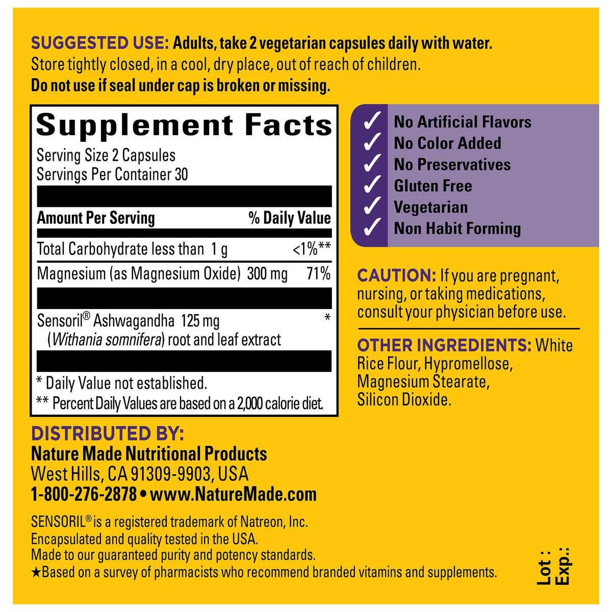Nature Made Magnesium + Ashwagandha – 60 Capsules — supplement facts and ingredients