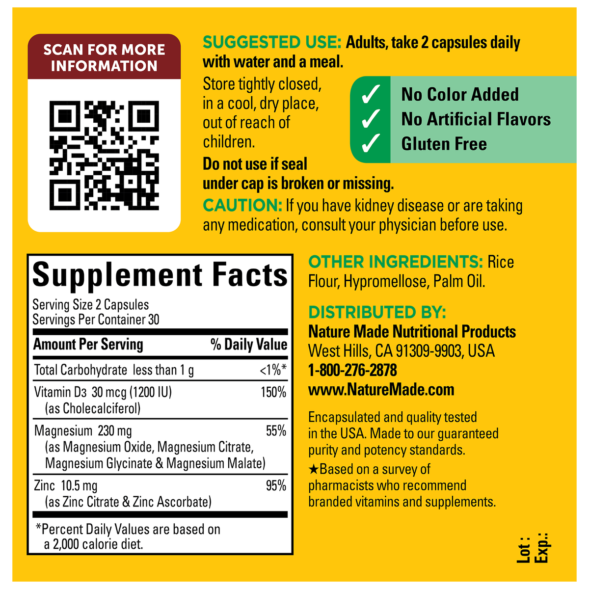 Nature Made Magnesium Complex + D3 & Zinc – 60 Capsules — supplement facts and ingredients