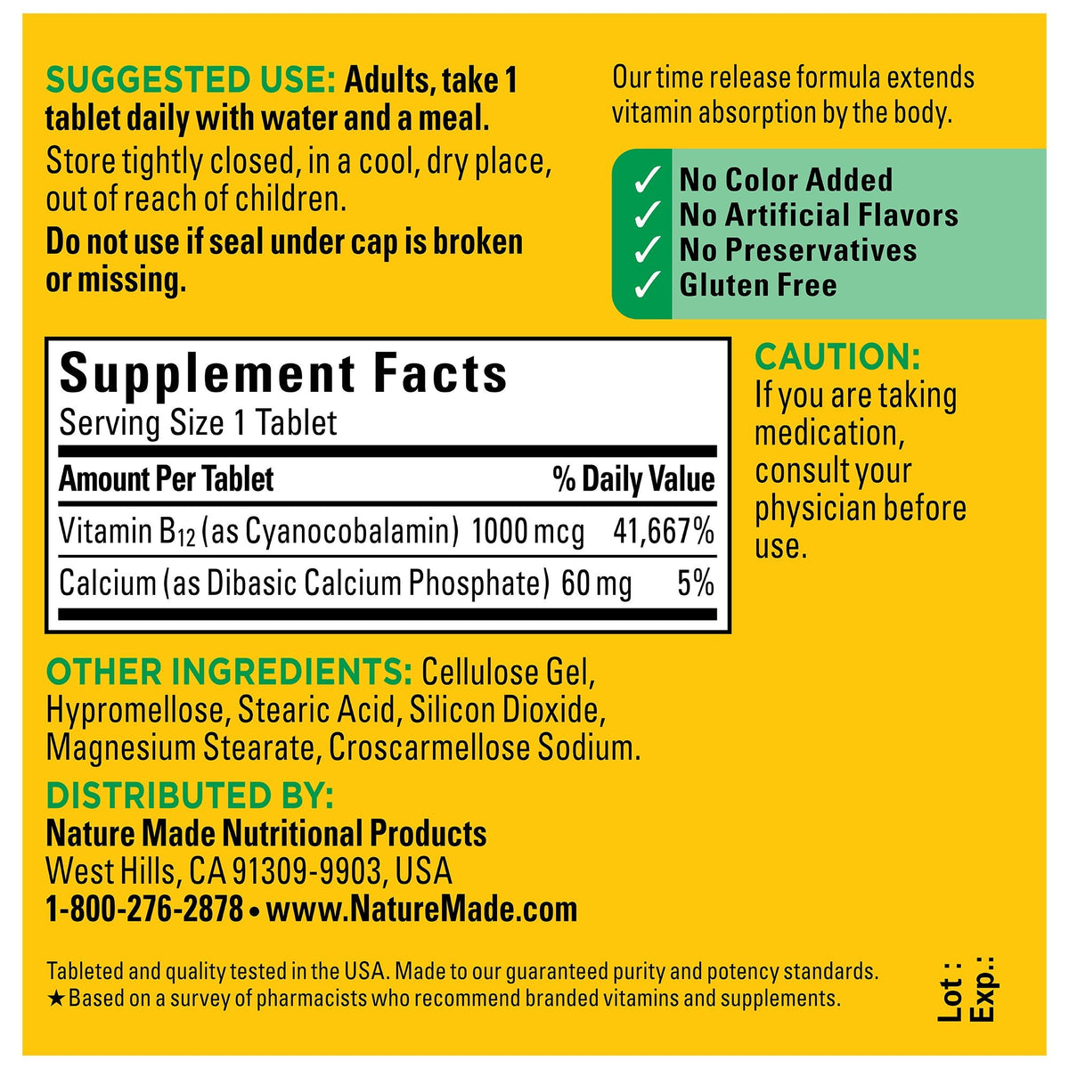 Nature Made B12 1,000 mcg Time Release – 75 Tablets — supplement facts and ingredients
