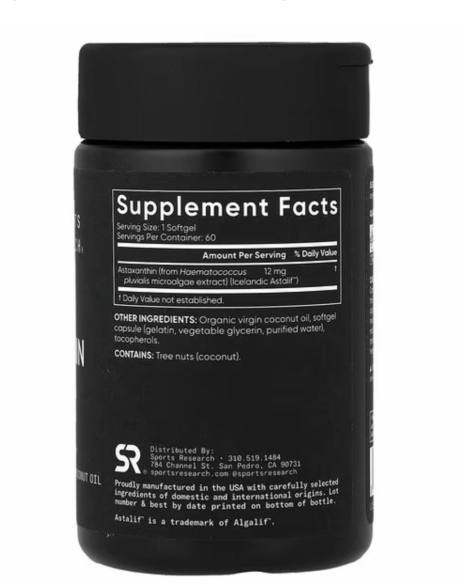 Sports Research Astaxanthin 12 mg supplement facts bottle back