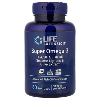 Life Extension Super Omega-3 EPA DHA Fish Oil Sesame Lignans and Olive Extract Advanced Fish Oil Combination 60 Softgels