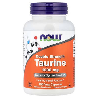 NOW Taurine 1000mg Double Strength Nervous System Health Visual Function 100 Veg Capsules bottle