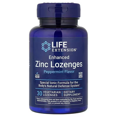 Life Extension Enhanced Zinc Lozenges Peppermint Flavor Special Ionic Formula for the Body's Natural Defense System 30 Vegetarian Lozenges